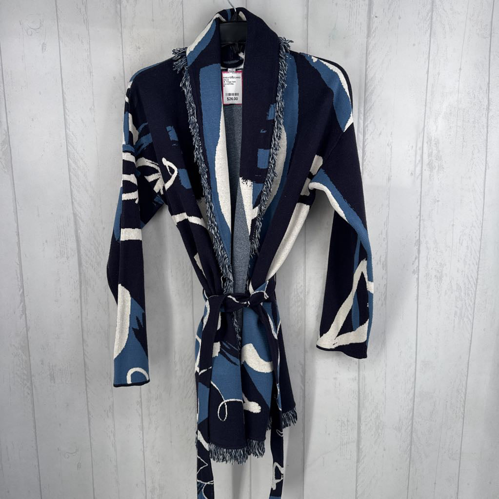 .M fringe hem belted cardi