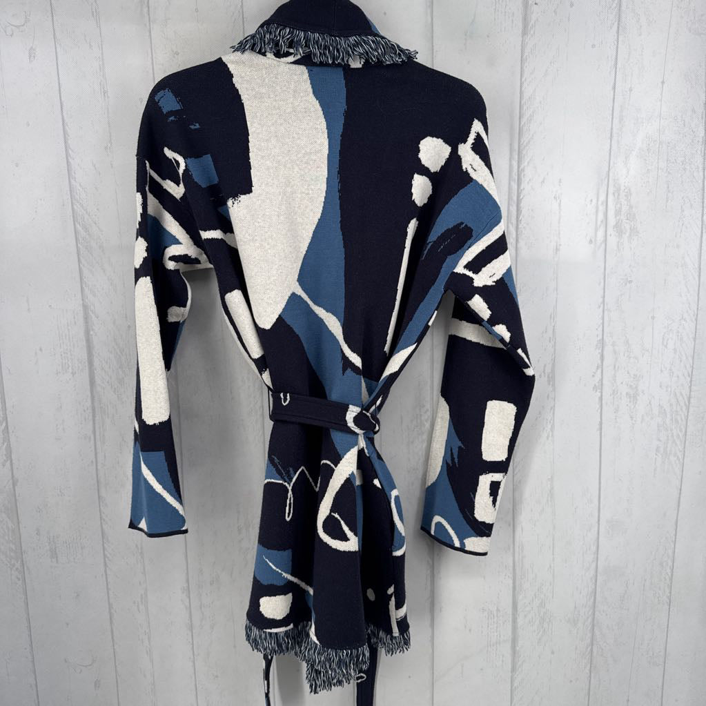 .M fringe hem belted cardi