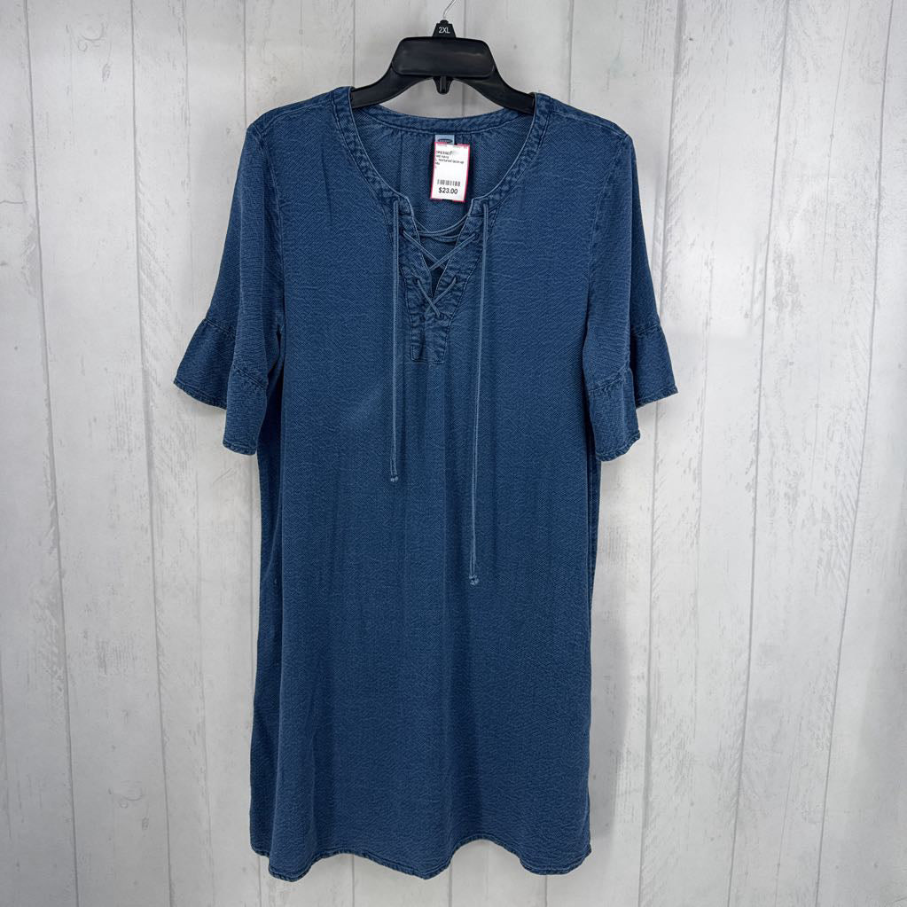 L textured lace-up front s/s dress