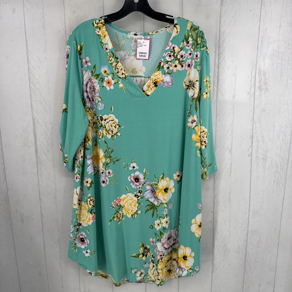 1X flo print split neck 3/4 slv tunic