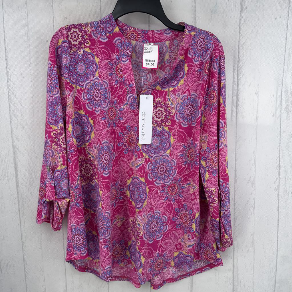 L split neck medallion print tab slv top