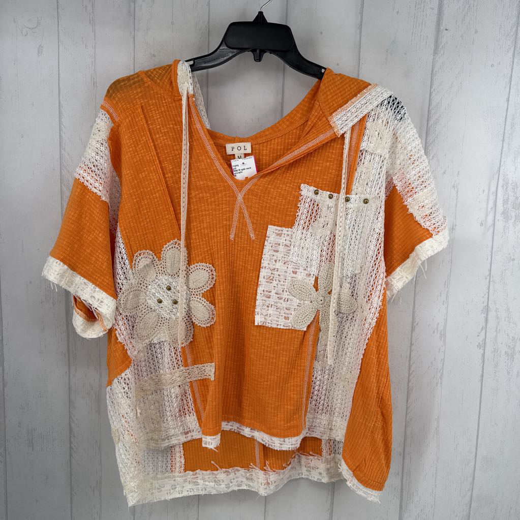 R56 M split neck mixed media hooded s/s top