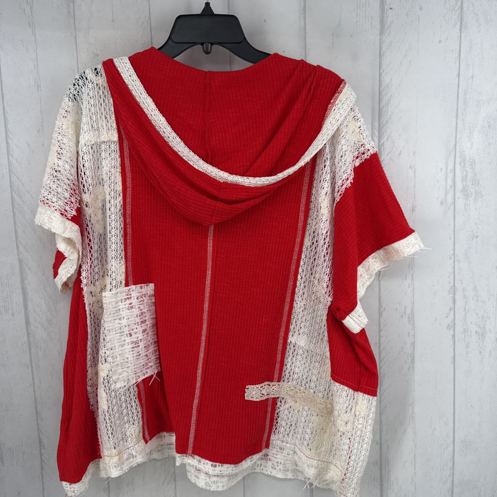 R56 L split neck mixed media hooded s/s top