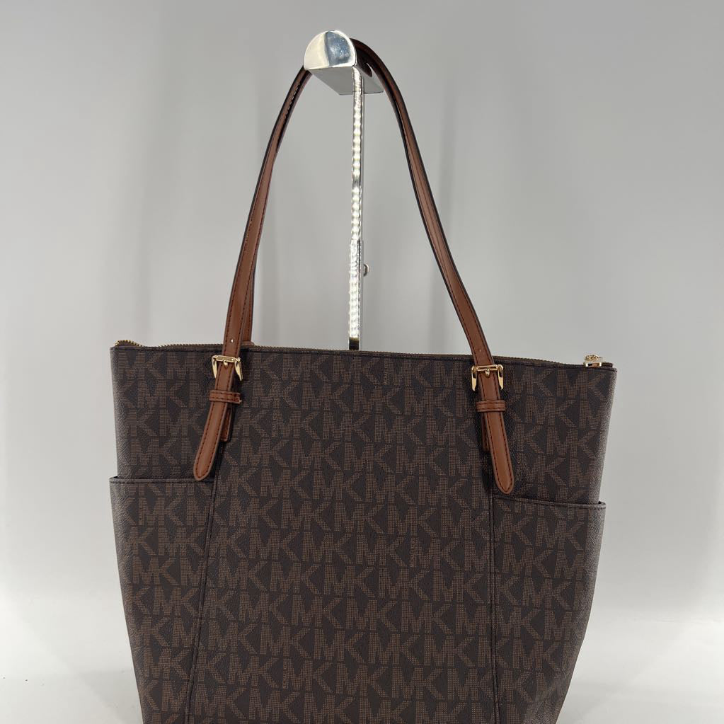 monogram top zip tote w/ open pockets