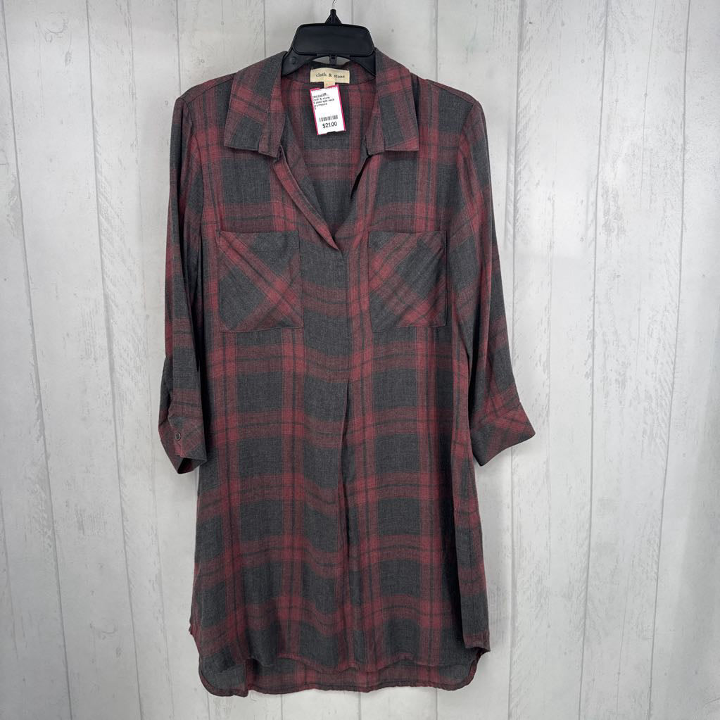 S plaid split neck 3/4 slv dress