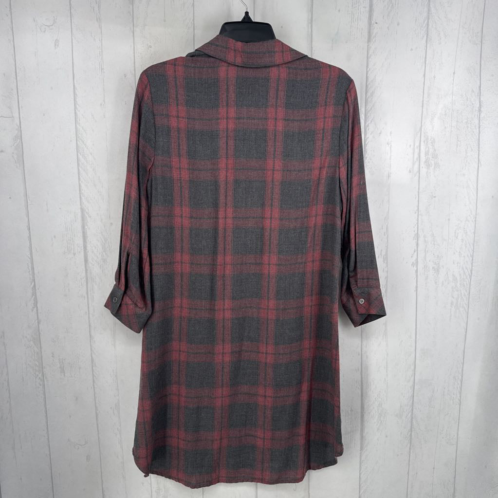 S plaid split neck 3/4 slv dress