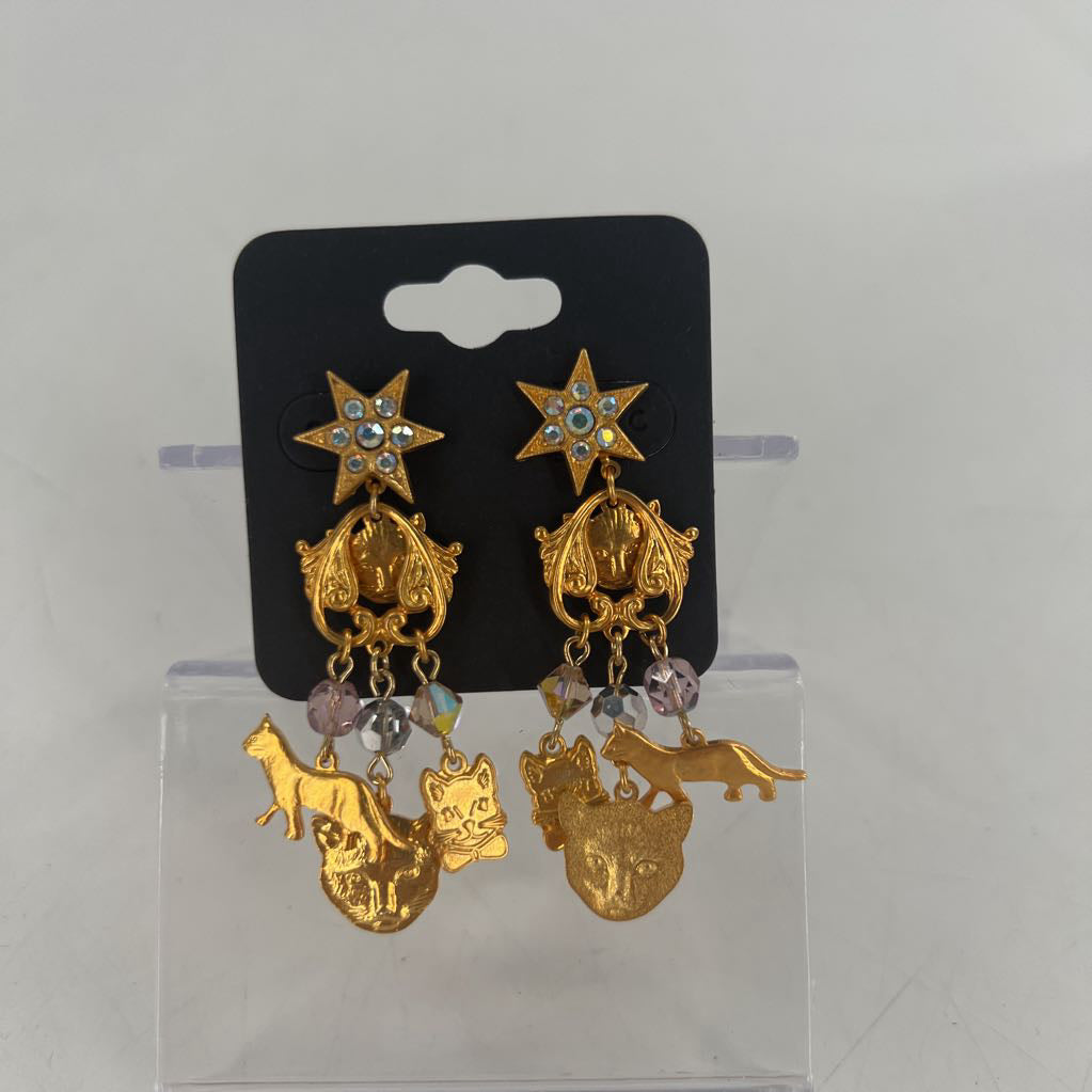 gold cat dangle earrings
