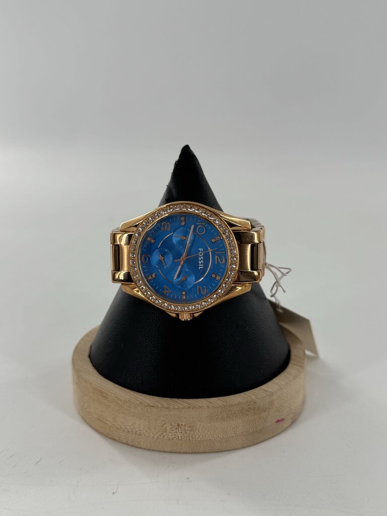 gold tone blue face watch