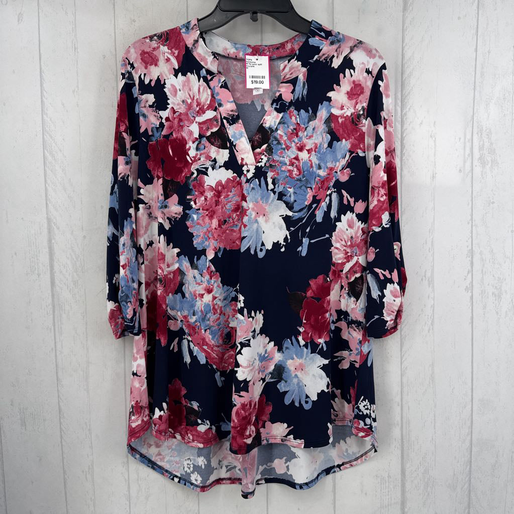 M flo print split neck tab slv tunic
