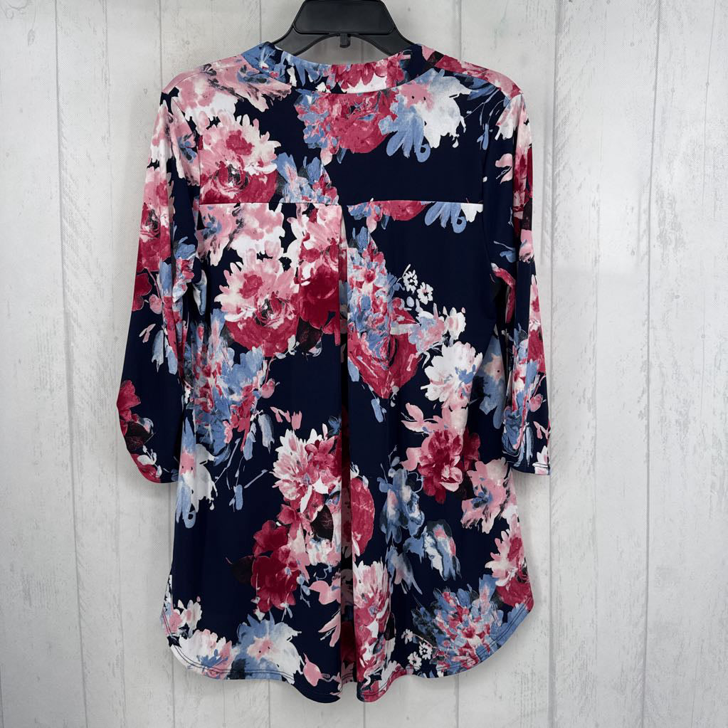 M flo print split neck tab slv tunic