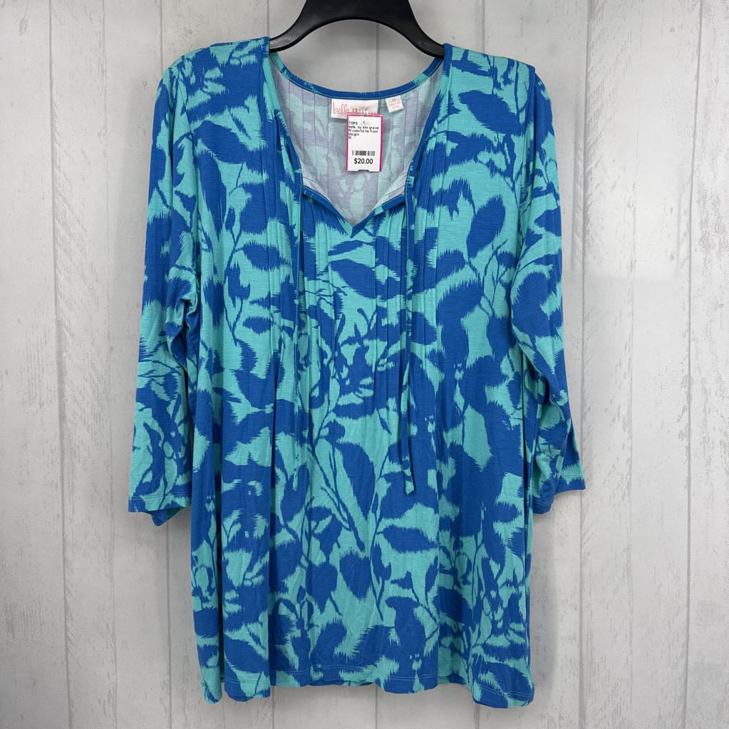 M colorful tie front 3/4 slv top