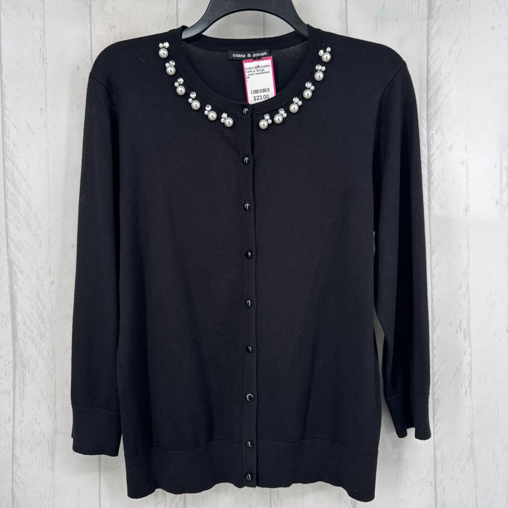 L pearl embelished button down cardi