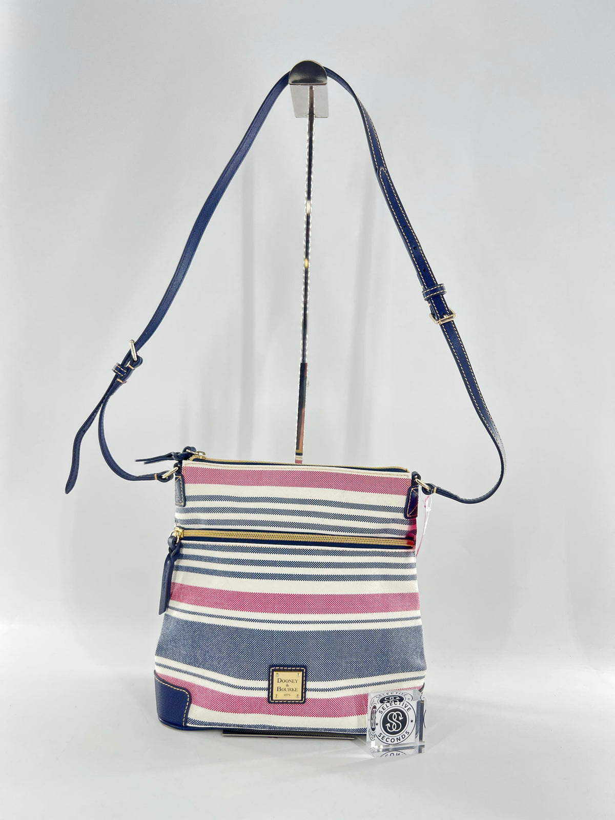 vertical sdtripe w/ leather trim crossbody