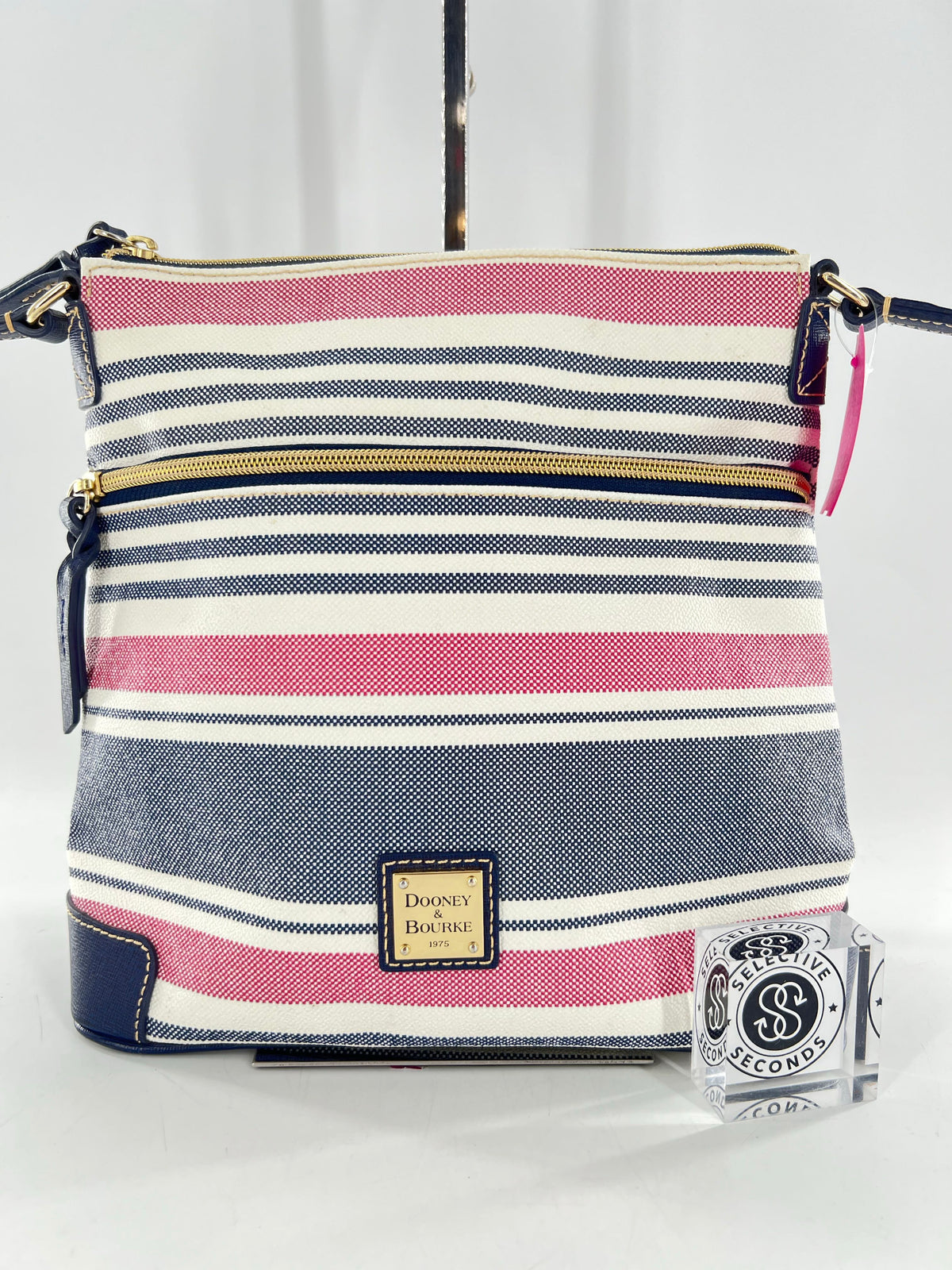 vertical sdtripe w/ leather trim crossbody