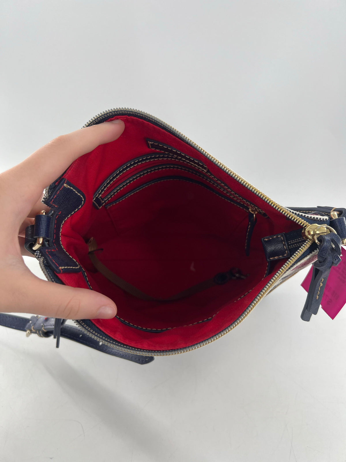 vertical sdtripe w/ leather trim crossbody