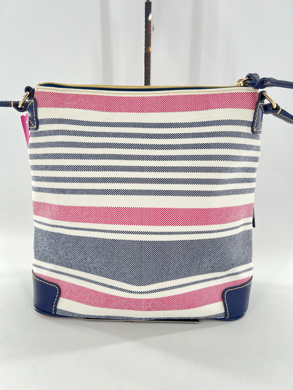 vertical sdtripe w/ leather trim crossbody