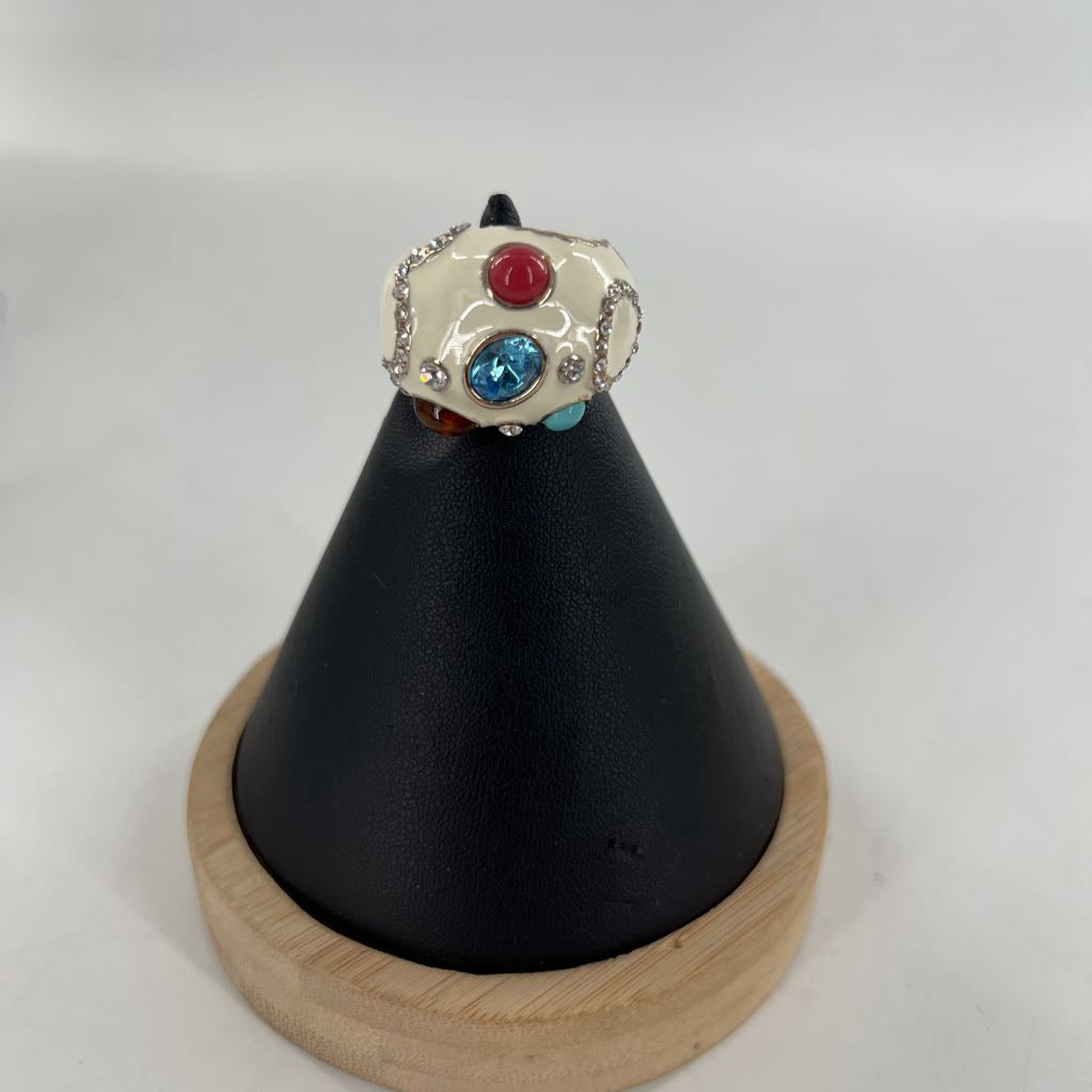 sz 8 white enamel w/ colorful stones ring