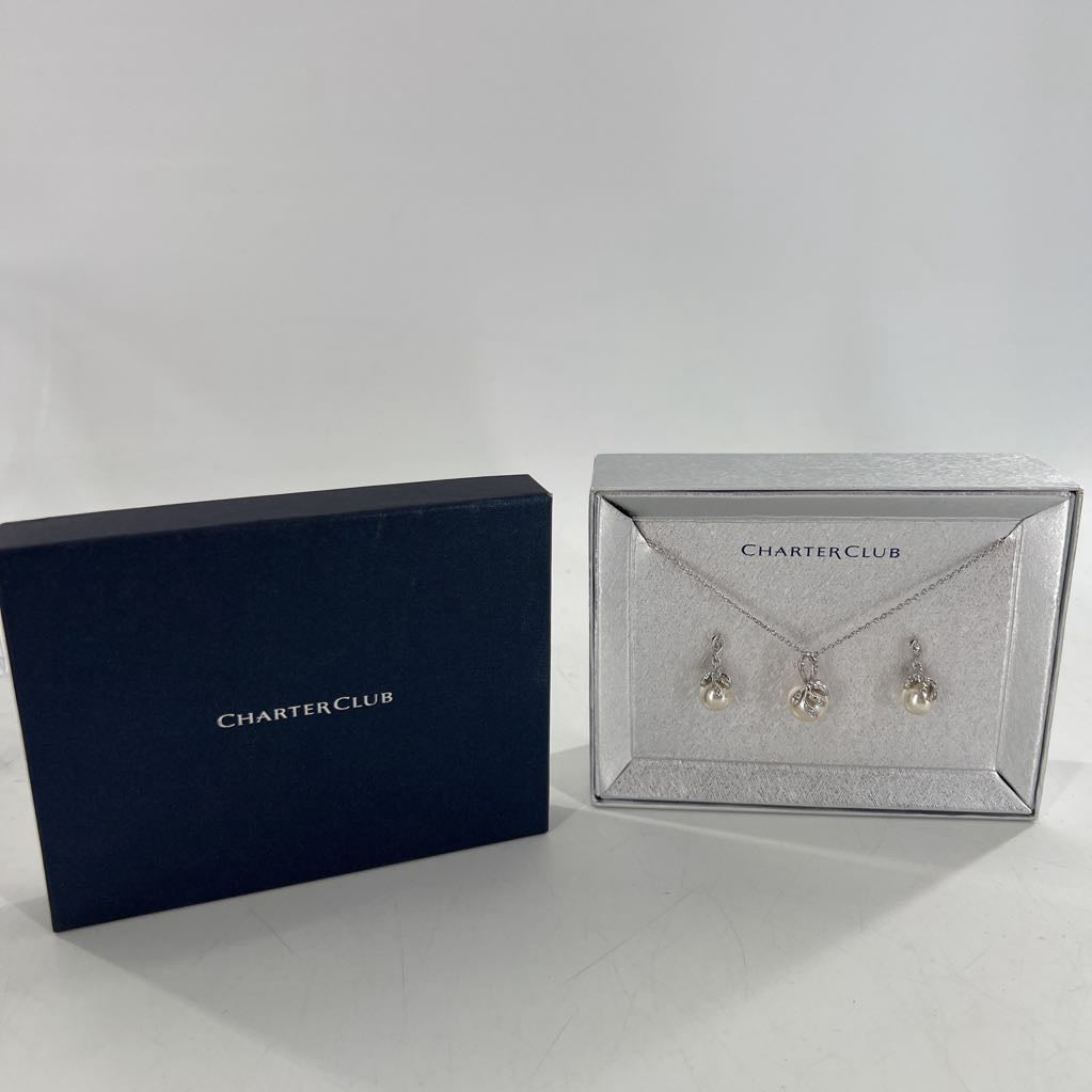 silver pearl necklace & earring set