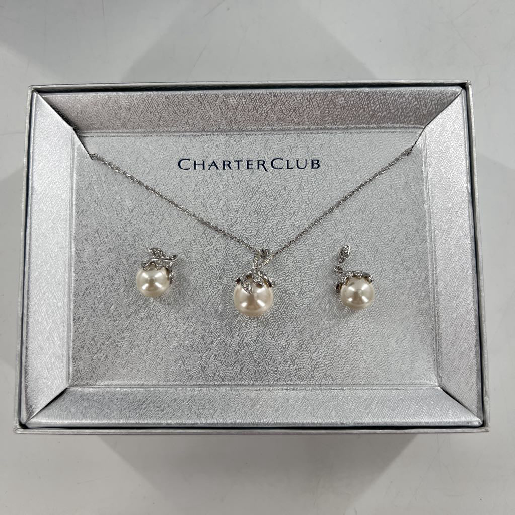 silver pearl necklace & earring set