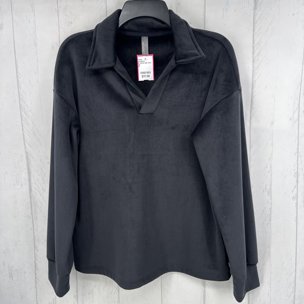 M velvet split neck l/s top