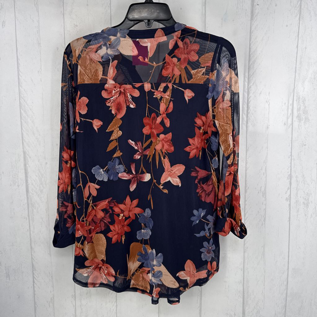 M mesh floral 1/2 button down tab slv top