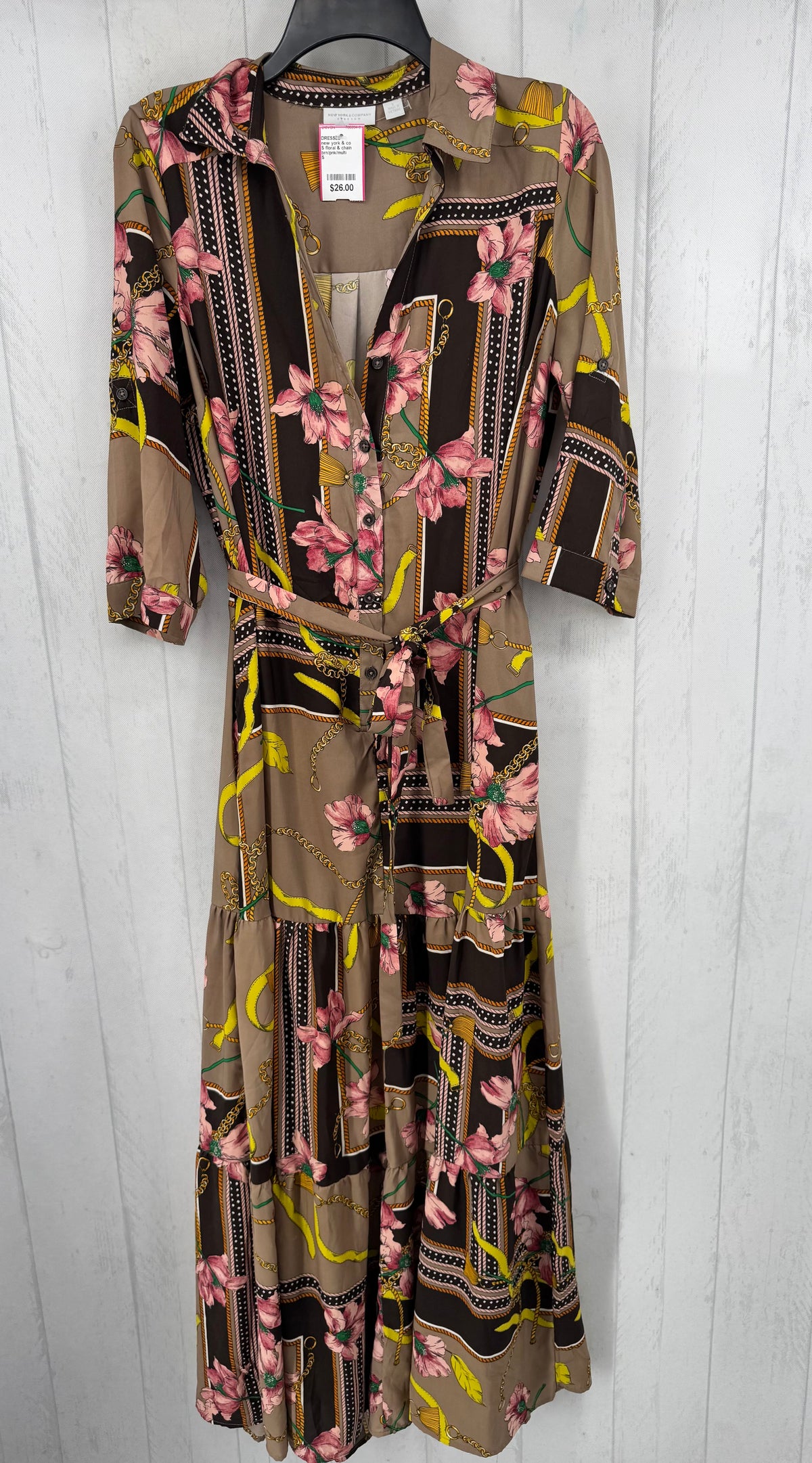 S floral & chain print belted s/s dress