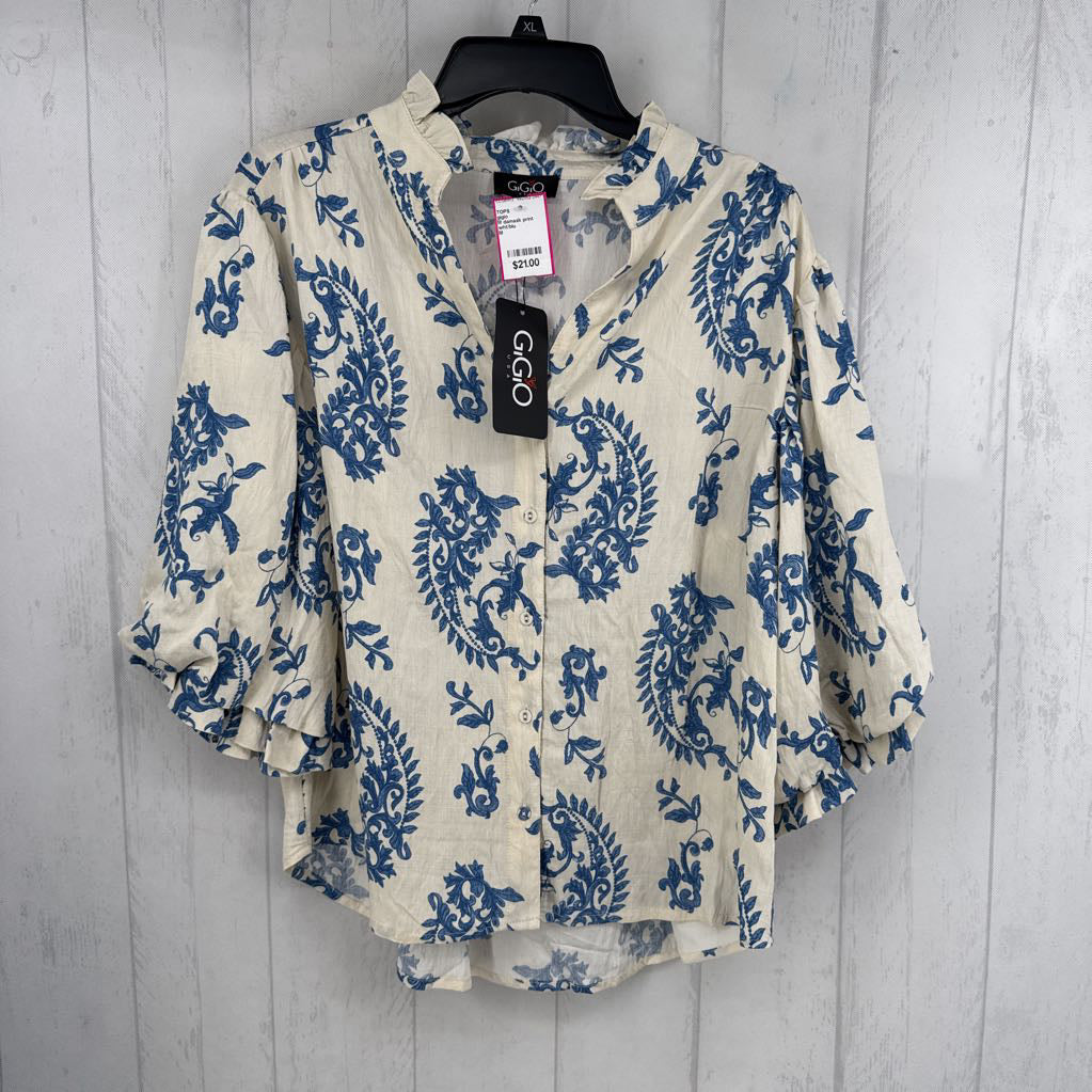 M damask print bubble slv button down top