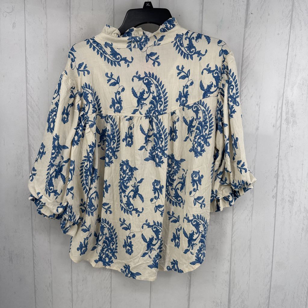 M damask print bubble slv button down top