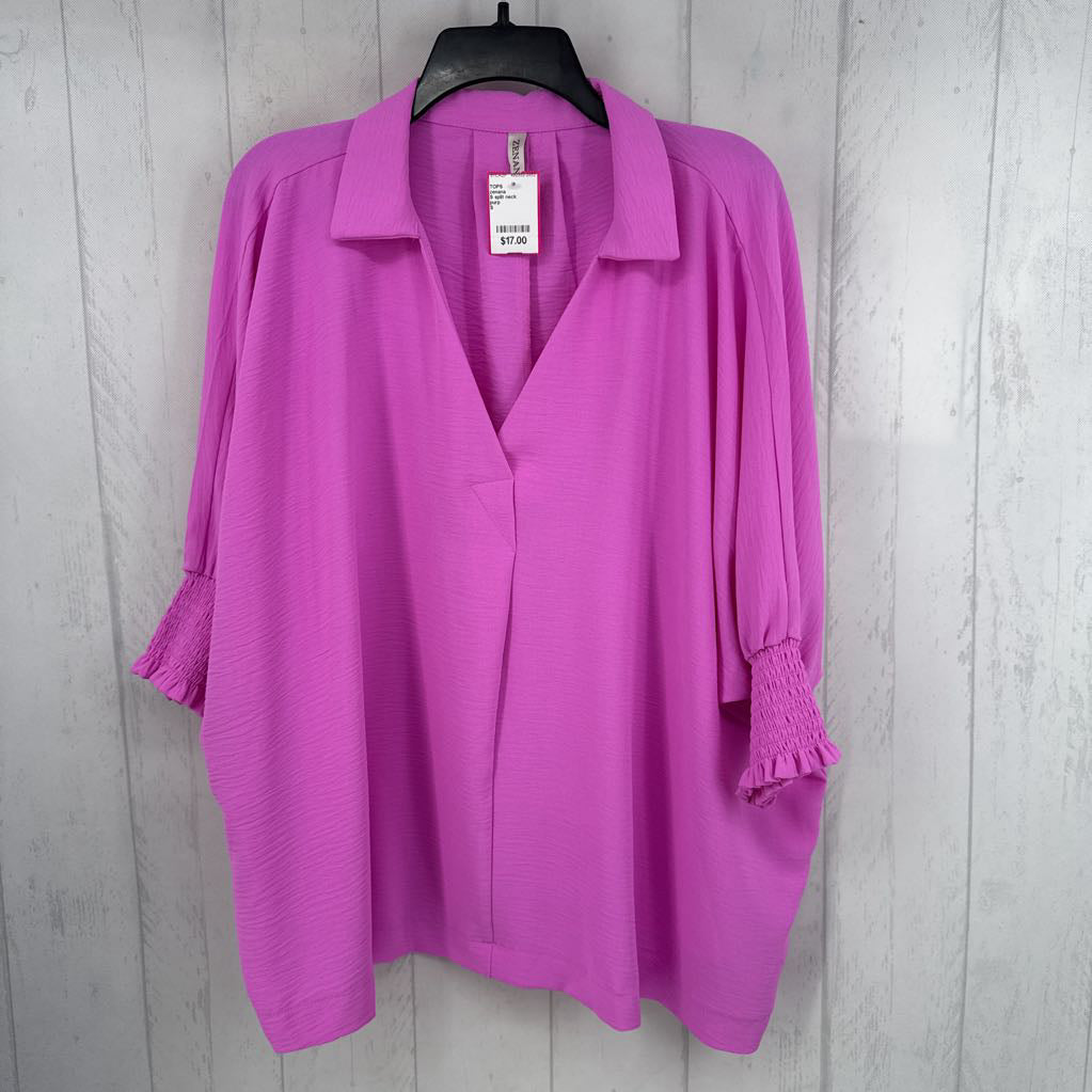 S split neck smocked drop shoulder top