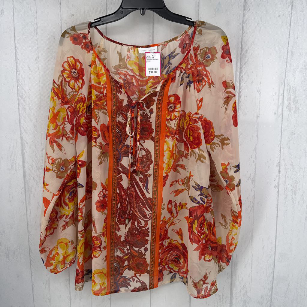 L flo print tie-front l/s top
