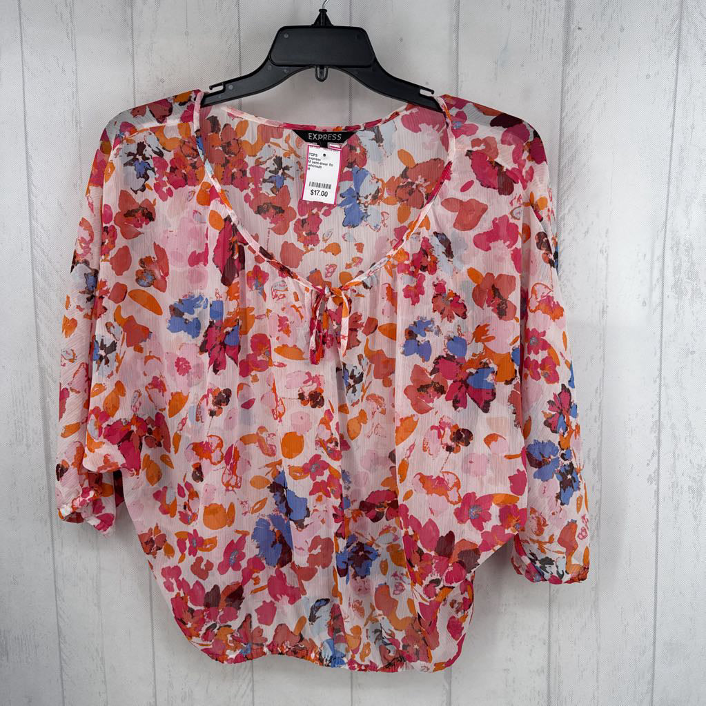 M semi-sheer flo print drop shoulder top