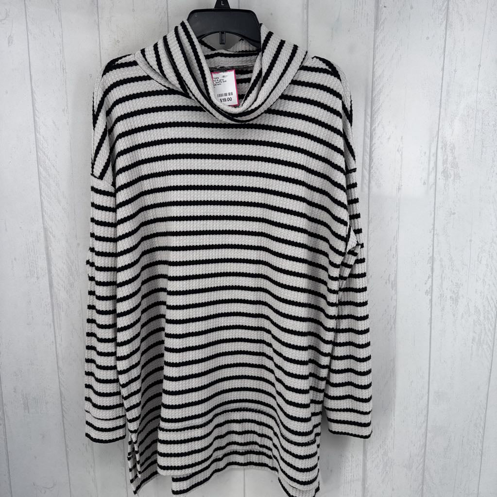 L waffle knit striped cowl neck l/s top