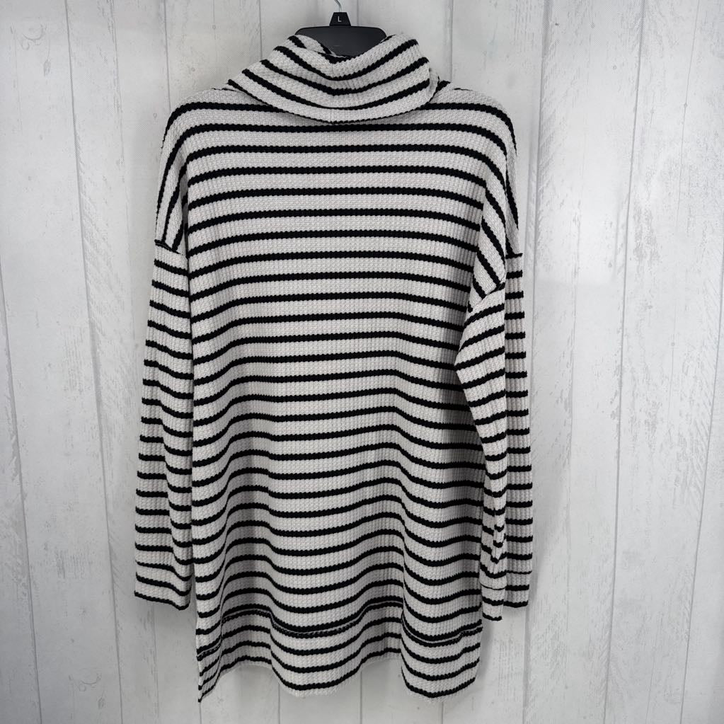 L waffle knit striped cowl neck l/s top