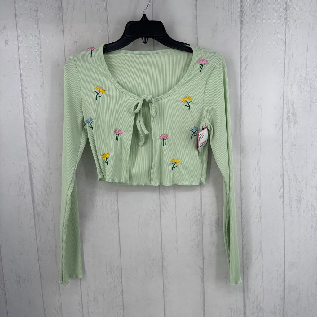 S ribbed flo embroidered tie front top
