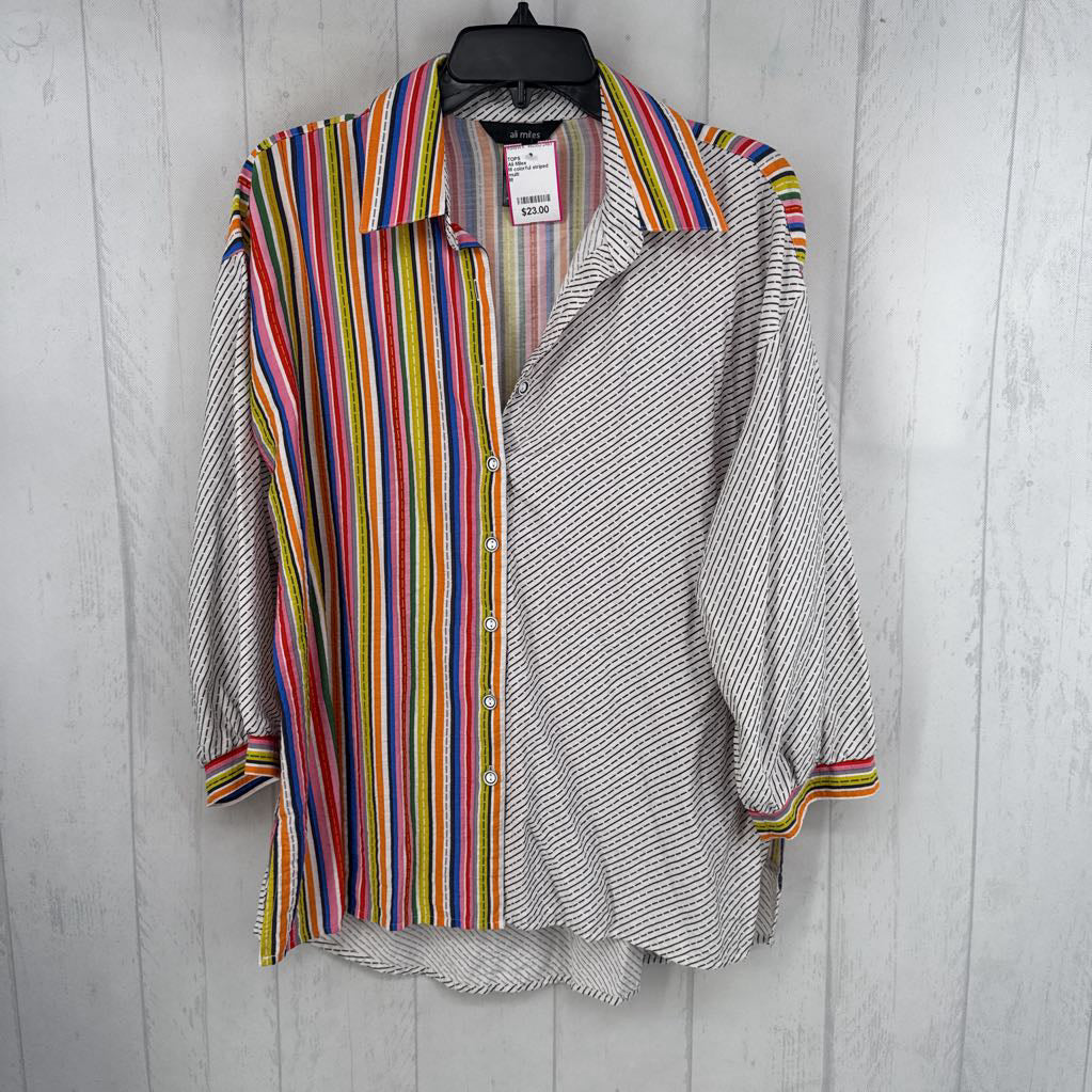 M colorful striped button down 3/4 slv top