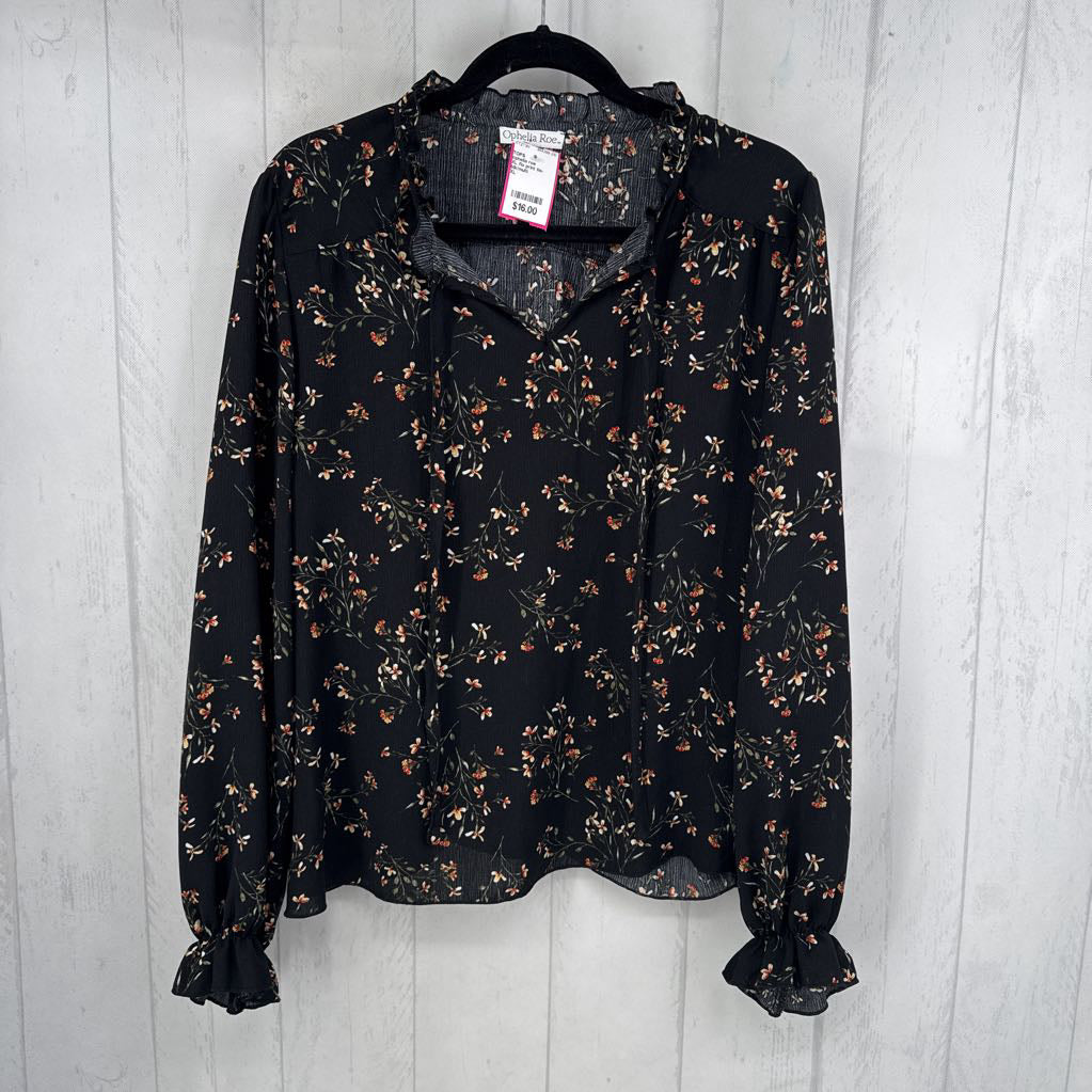 XL flo print tie-front l/s top