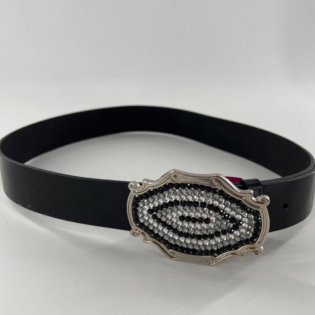 M black leather belt w/ crystal embelished buckle