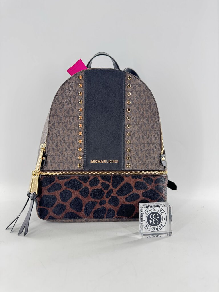 R358 monogram leopard print calf hair studded backpack