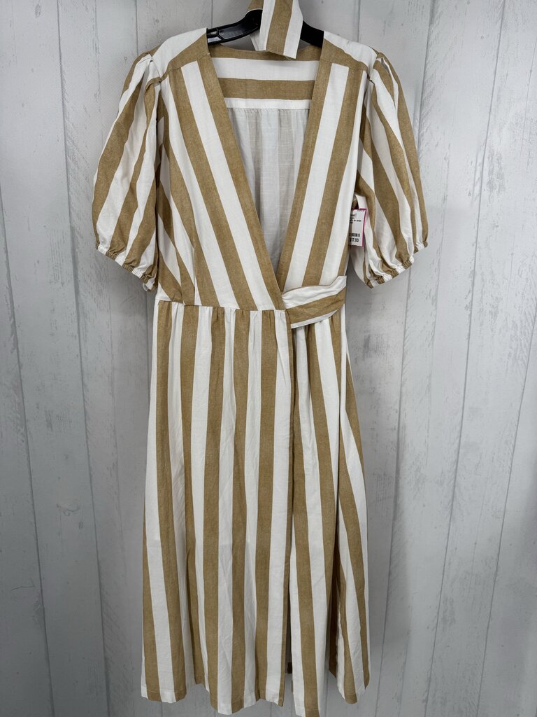 M puffy slv stripe wrap maxi dress