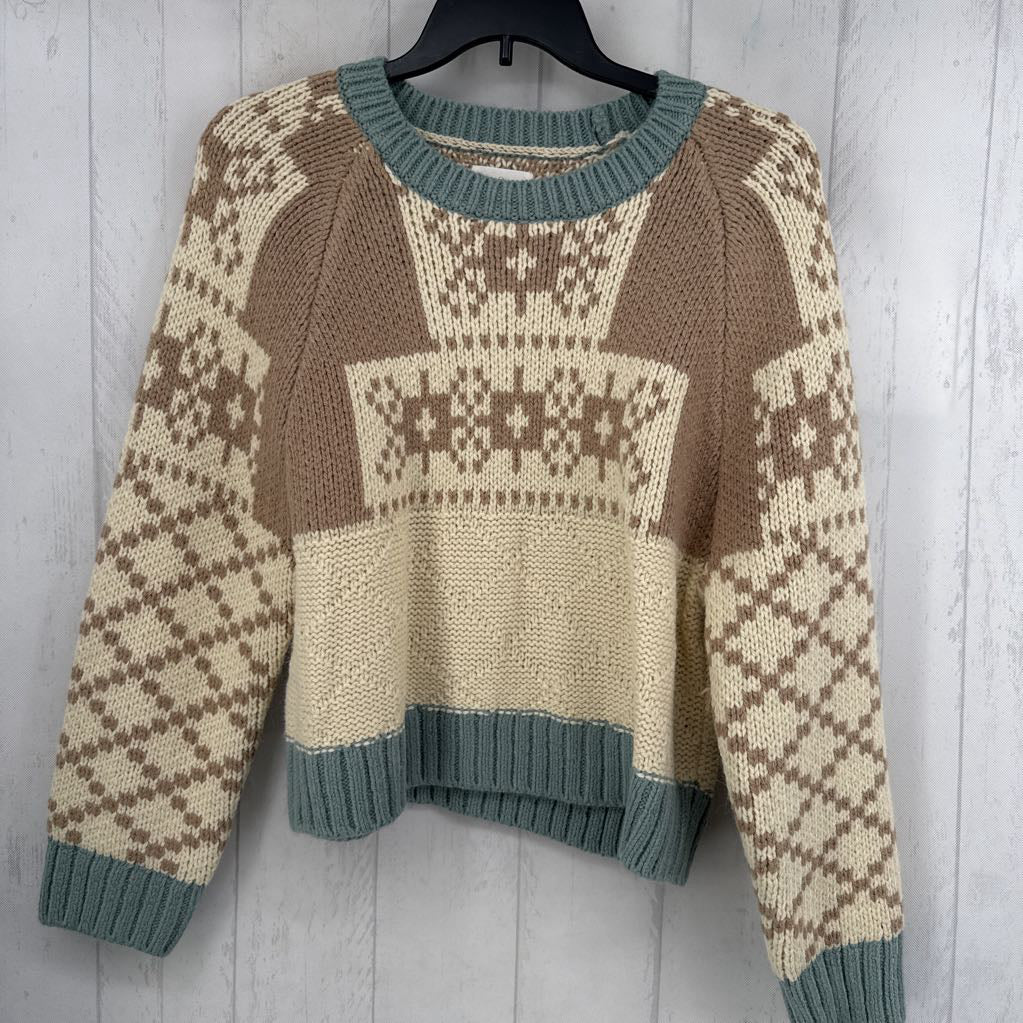 L colorblocked crewneck mixed pattern sweater