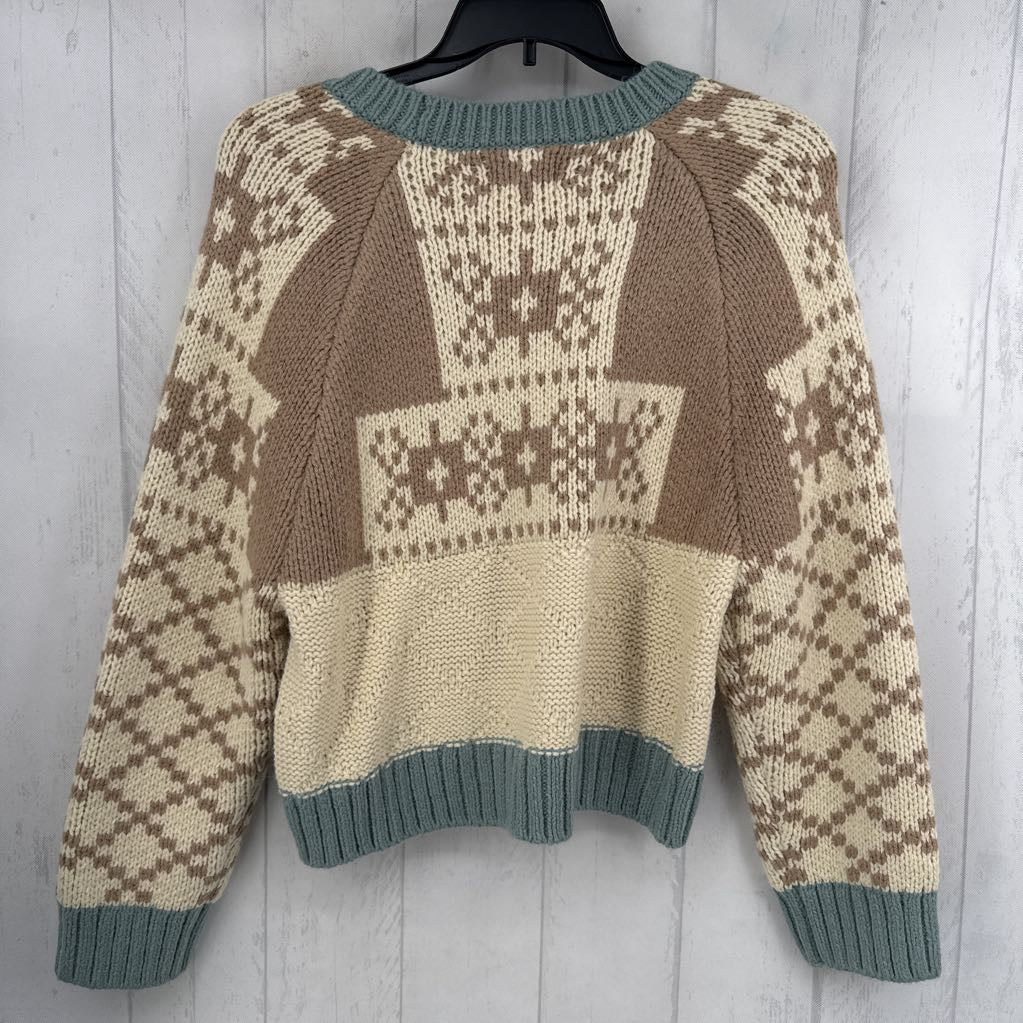 L colorblocked crewneck mixed pattern sweater