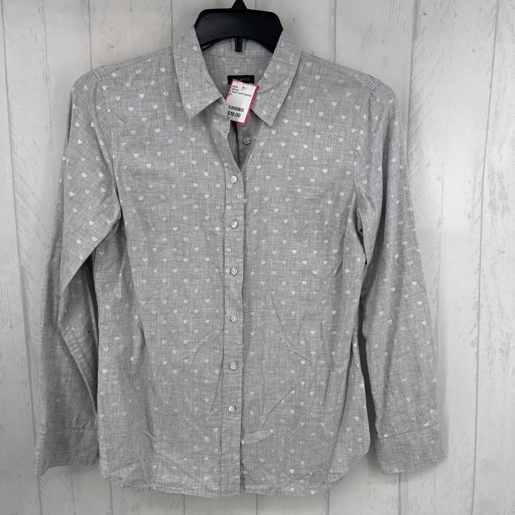 S heart print button down l/s top