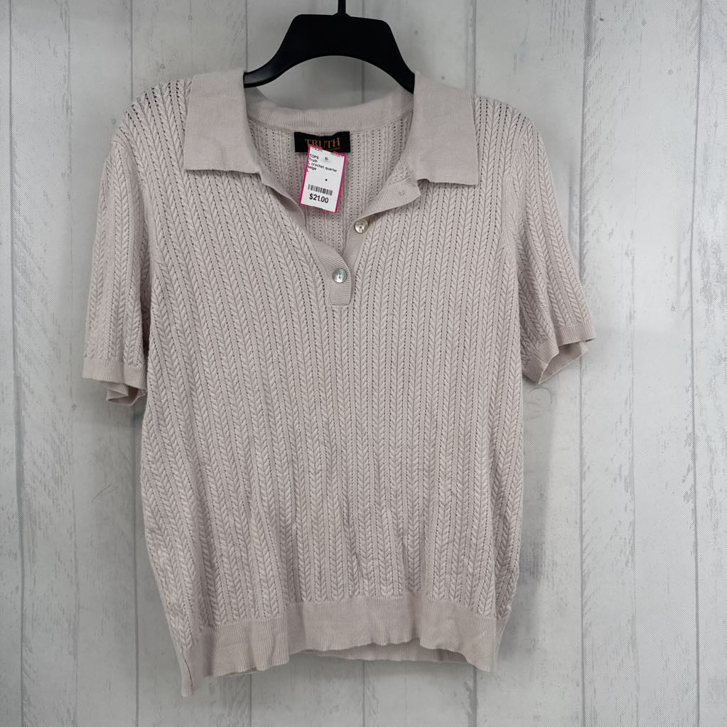 L crochet quarter button down s/s knit top