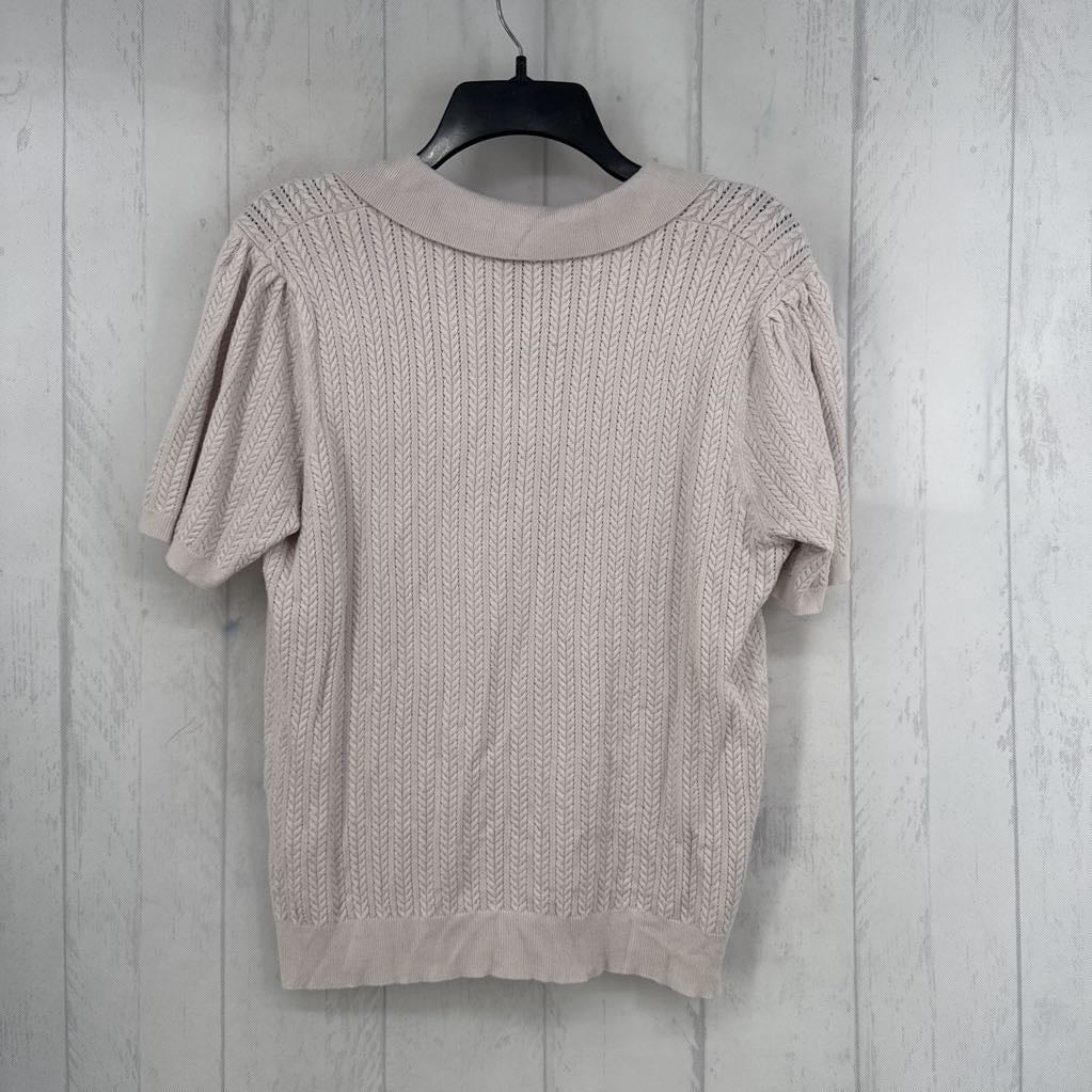 L crochet quarter button down s/s knit top