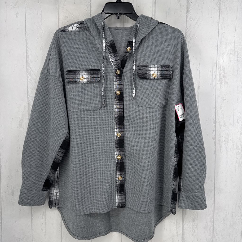 L waffle knit plaid accent hooded l/s top