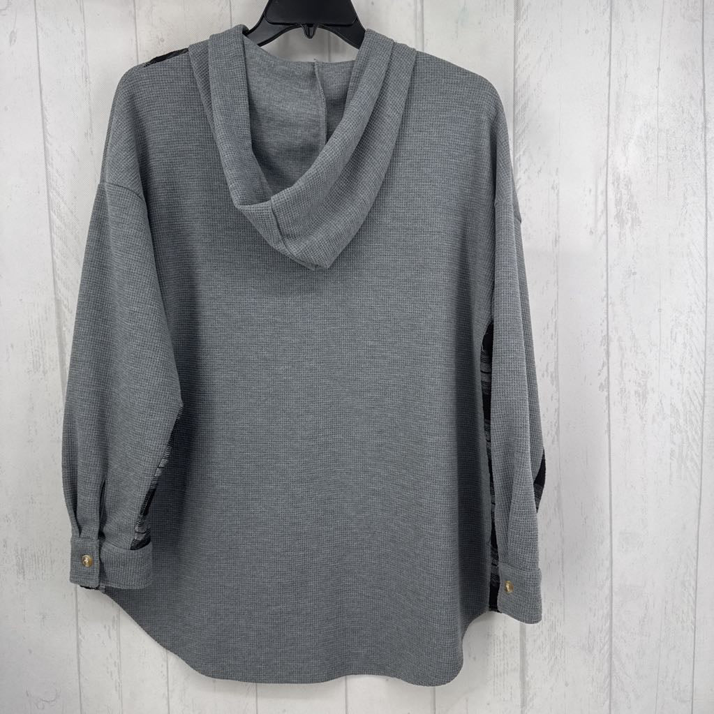 L waffle knit plaid accent hooded l/s top