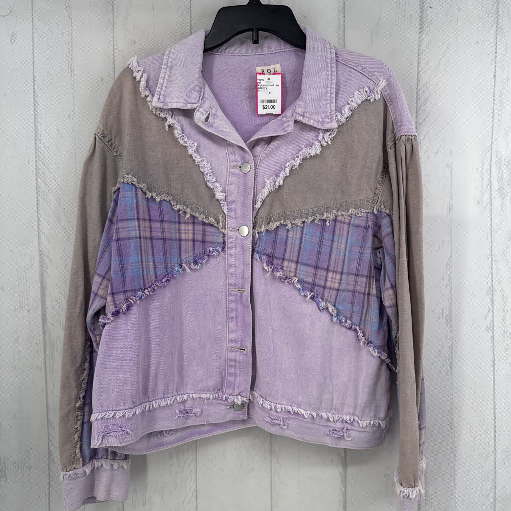 M plaid accent raw hem denim shacket