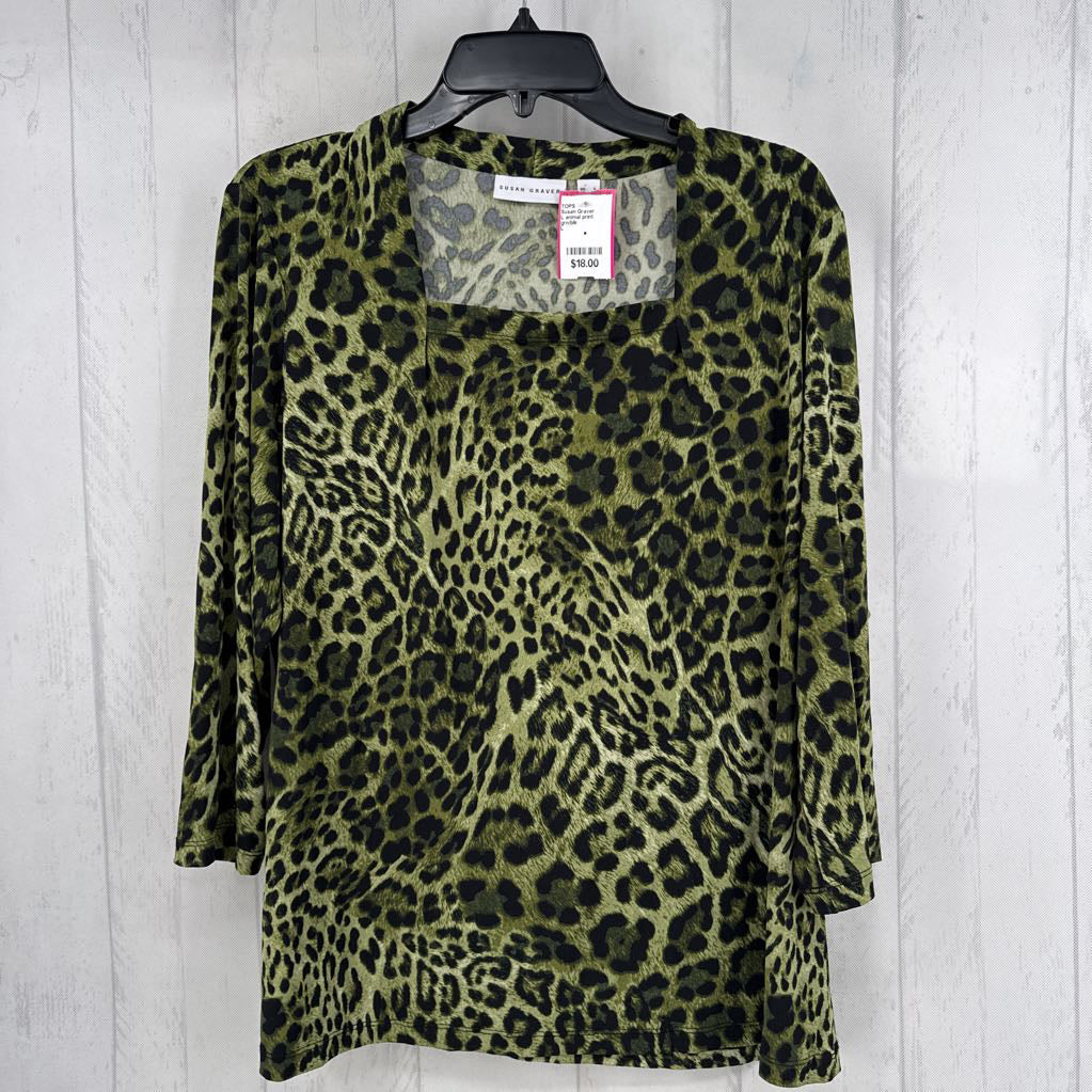 L animal print square neck 3/4 slv top