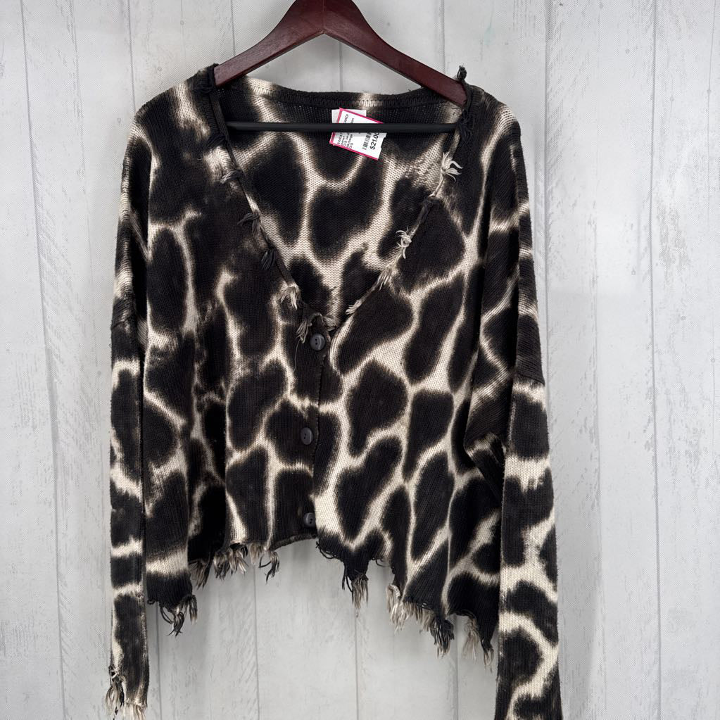 O/S Distressed Animal Print button down cardi