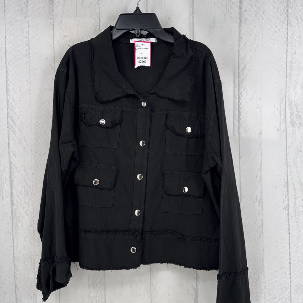 L cotton raw hem button down shacket